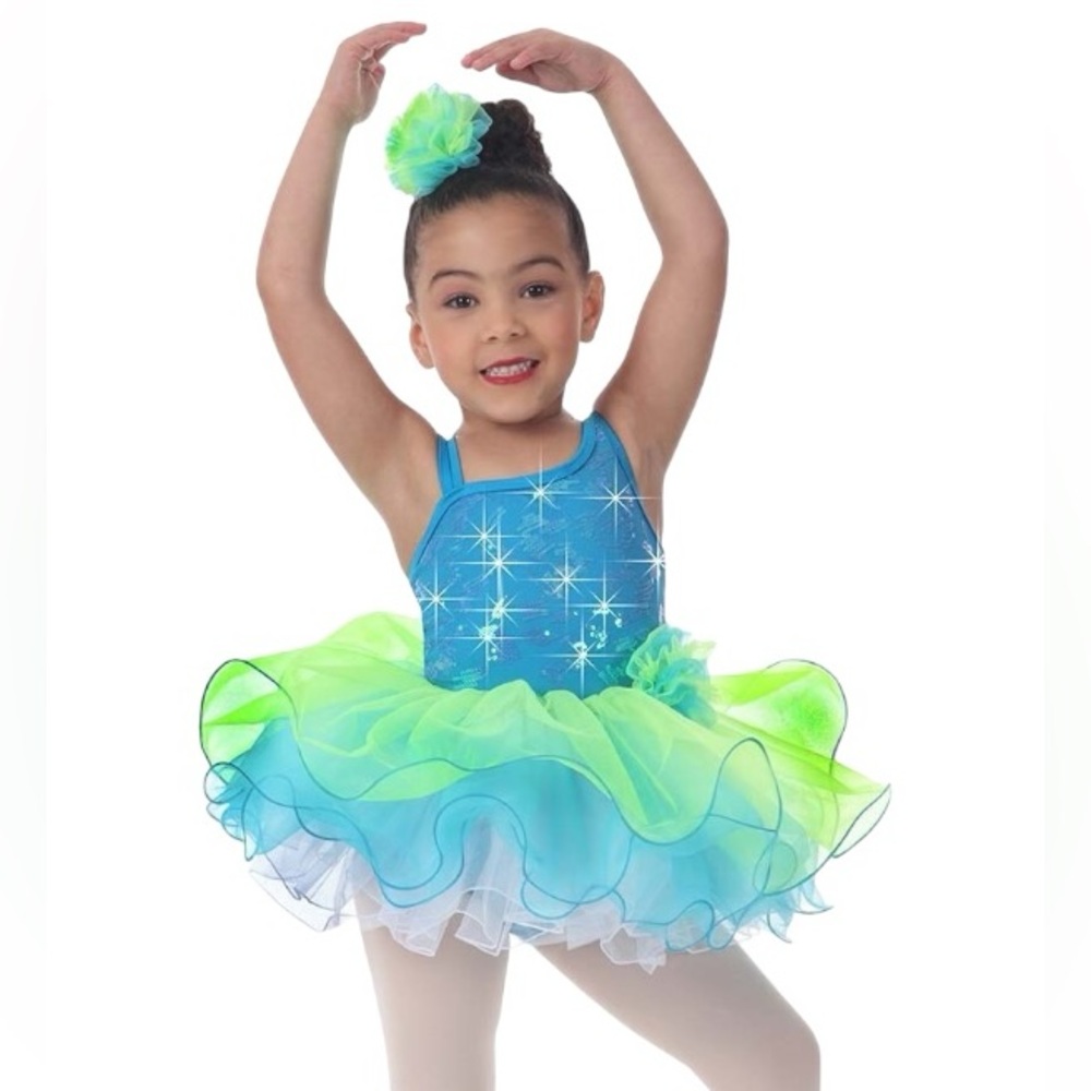 Laylas Dance Costumes Blue Green Sequin Tutu Ballerina Recital Dress & Hair Clip